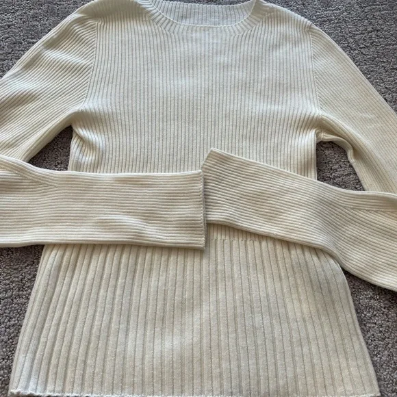Low Classic Women's Cream Crew Neck Sweater, Ribbed, 100% Fine Merino Wool, S